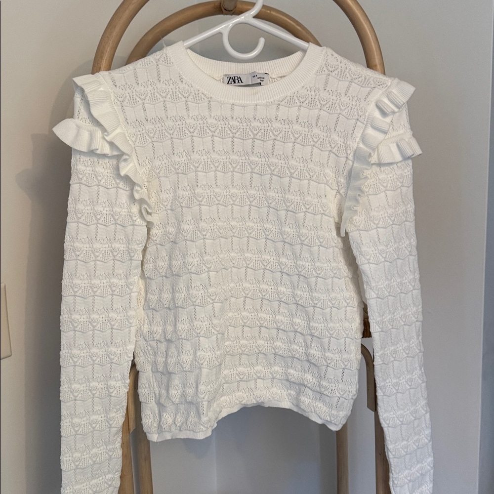 Zara Ivory Knit Sweater with Ruffle Accents